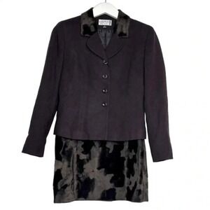 Kasper ASL Skirt Suit 2P Dark Brown Wool Faux Fur Trim Blazer Pencil Skirt Set